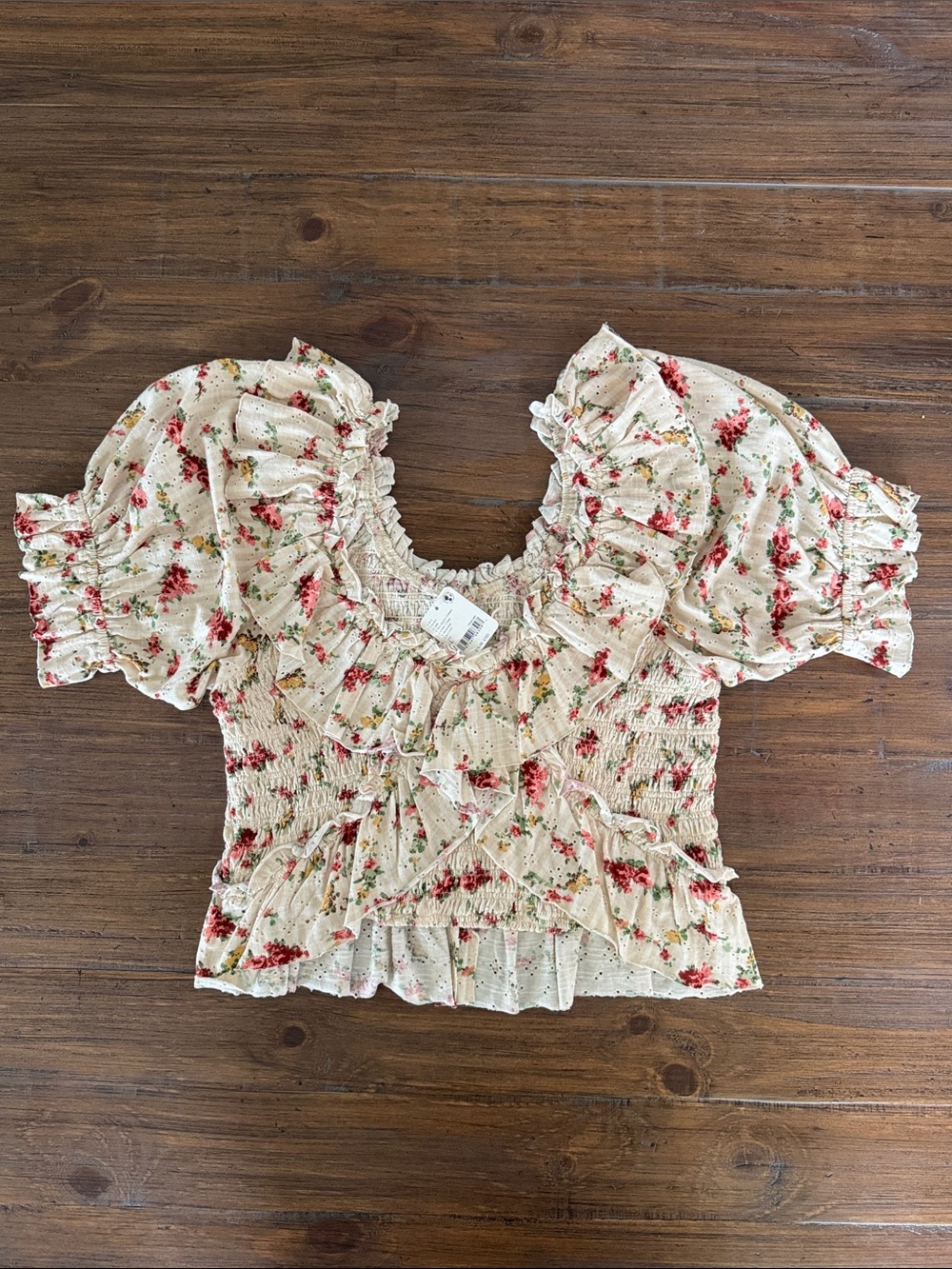 NWT Free People Favorite Girl Floral Smocked Ruffled Boho Top L